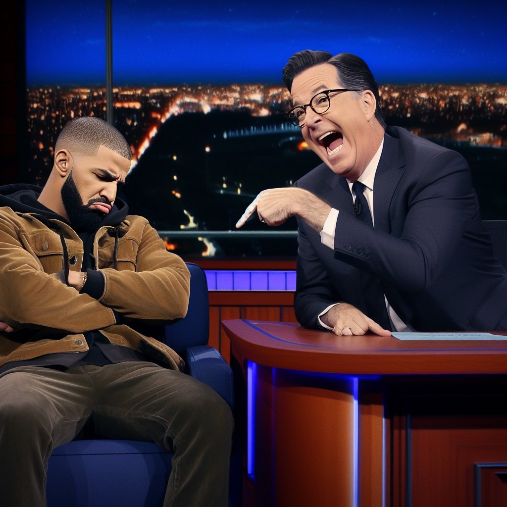 Drake goes on The Late Show with Stephen Colbert to promote his music. Stephen Colbert repeatedly interrupts Drake to crack jokes about his rivalry with Thanos. Drake does not enjoy himself.