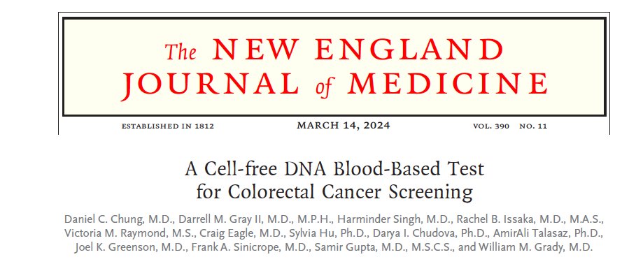 New @GuardantHealth blood-based #colorectalcancer #screening test: 🟦83% sensitivity for #CRC (good) 🟦13% sensitivity for precancerous polyps (not good) Does this signal switch from CRC prevention to early detection? nejm.org/doi/full/10.10… 🙌🏾@samirguptaGI @IssakaMD @DMGrayMD