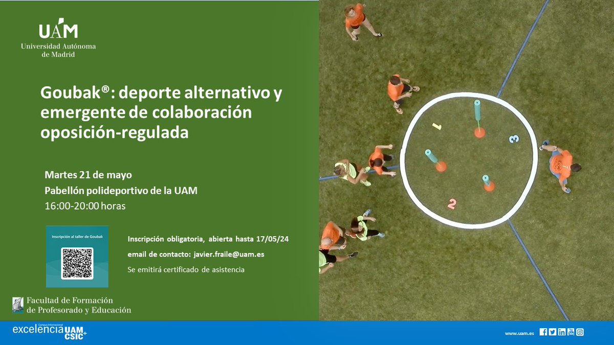 Está abierta ya la inscripción para el taller 'Goubak®: deporte alternativo y emergente de colaboración oposición-regulada', que tendrá lugar el 21 de mayo, de 16h a 20h. Apúntate aquí: forms.office.com/Pages/Response…