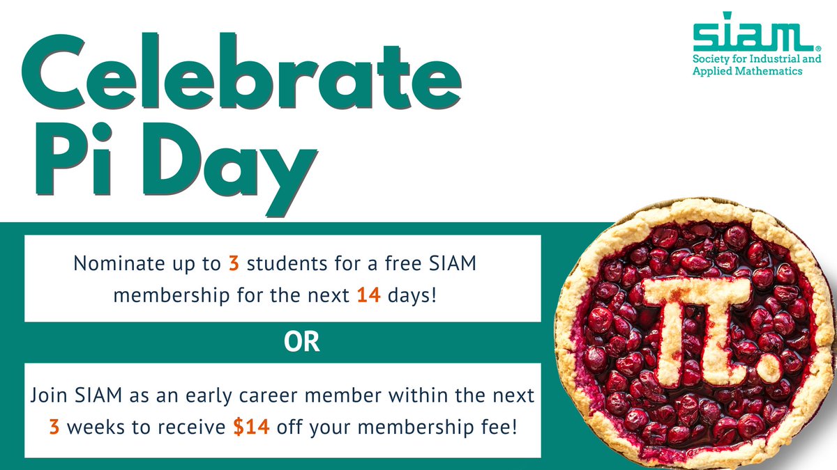 TheSIAMNews's tweet image. Celebrate #IDM314 and #PiDay with us by nominating 3 students for a free SIAM membership for the next 14 days or join SIAM as an early career member within the next 3 weeks to receive $14 off your membership fee (code: MBPI24)!
Learn more. ➡️ sinews.siam.org/Details-Page/c…
@IDM314