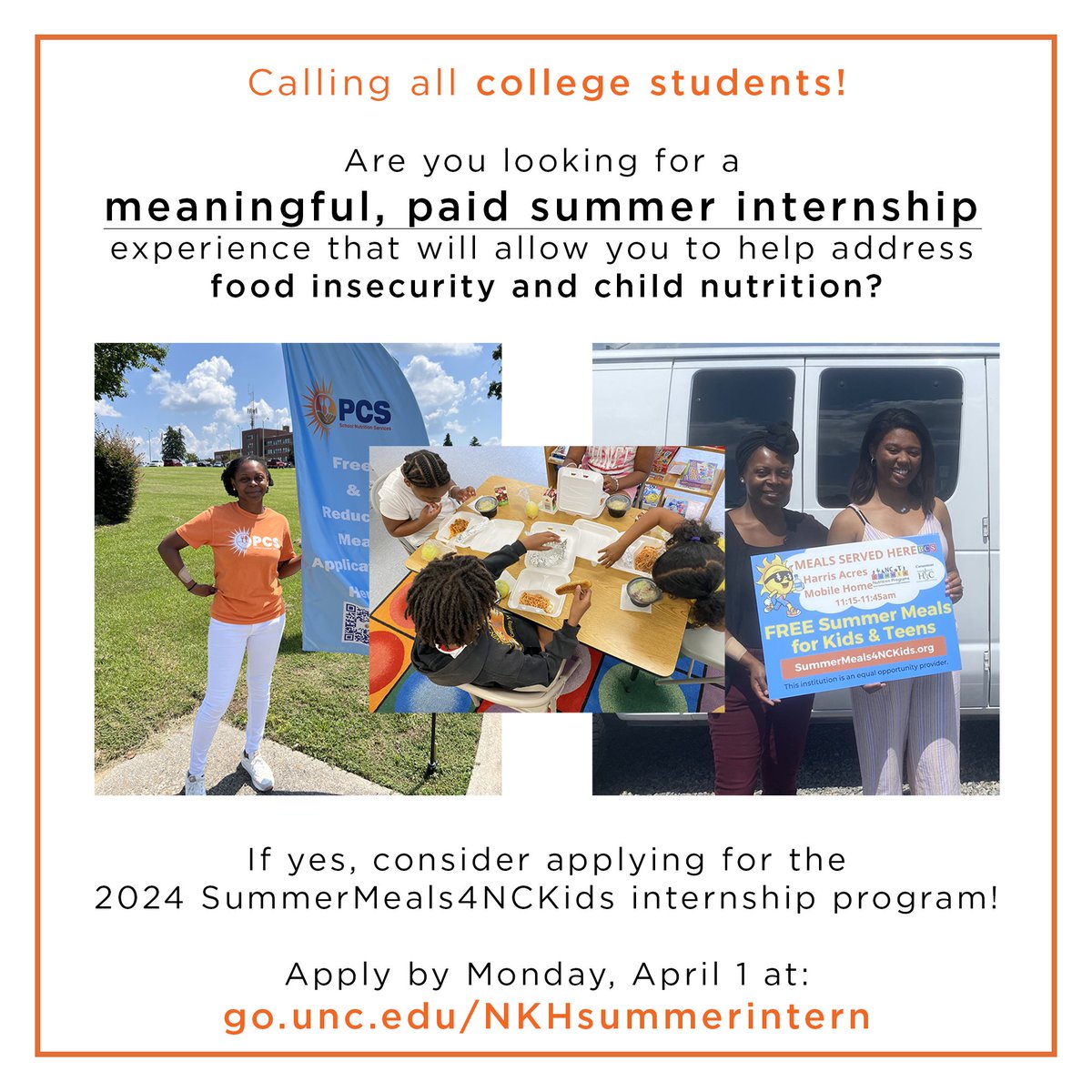 Calling all college students! Are you looking for a meaningful, paid summer internship experience that will allow you to help address food insecurity and child nutrition? If yes, consider applying for the SummerMeals4NCKids internship! Learn more at go.unc.edu/NKHsummerintern