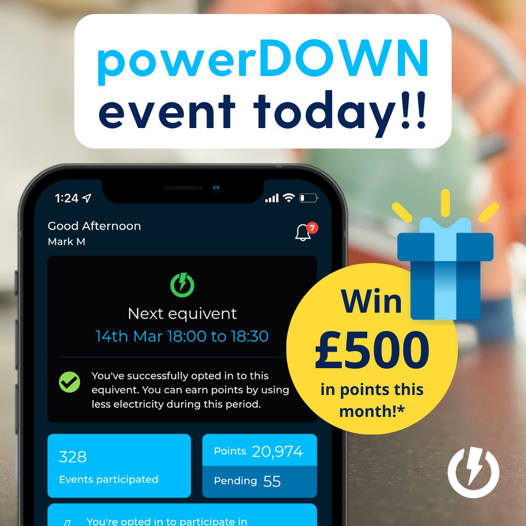 🚨 #powerDOWN event TODAY! 🚨 ✅ Opt in via the app now! 📆 14/03/24 from 18.00-18.30. 💸 Earn 90% of the rewards on offer for taking part. 🤑 Gain entry to our March prize draw & be 1 of 2 people chosen to win £500! *T&Cs apply. 🔗 Learn more: equiwatt.com/national-grid-…