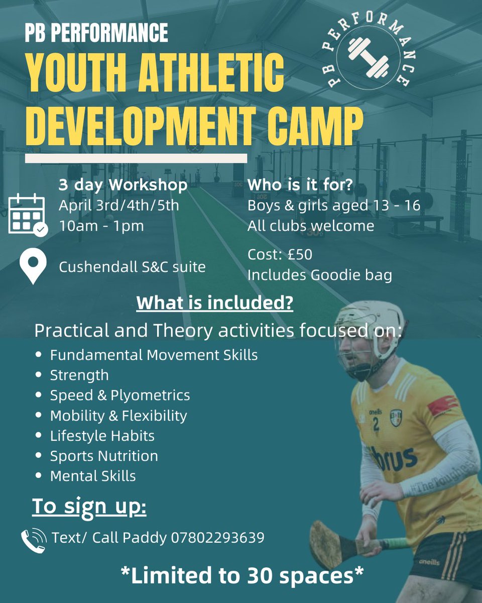 Youth Athletic Development Camp 🏃‍♂️🏋️
I am delighted to be running a 3 day camp for male and female GAA players aged 13-16 on 3rd, 4th and 5th of April.
Details on the poster below!

All clubs welcome.
Limited availability, get in touch asap to sign up!