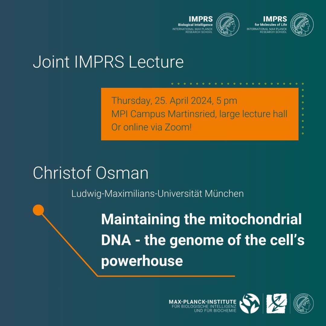 Upcoming Joint IMPRS Lecture with Christof Osman @osman_lab from the @LMU_Muenchen this Thursday 25 April at 5 pm CET🗓️! The talk is free for everyone, on campus or via Zoom. ↪️More info: imprs-ml.mpg.de/38279/Joint-IM… @MPI_Biochem @MPIforBI @TU_Muenchen