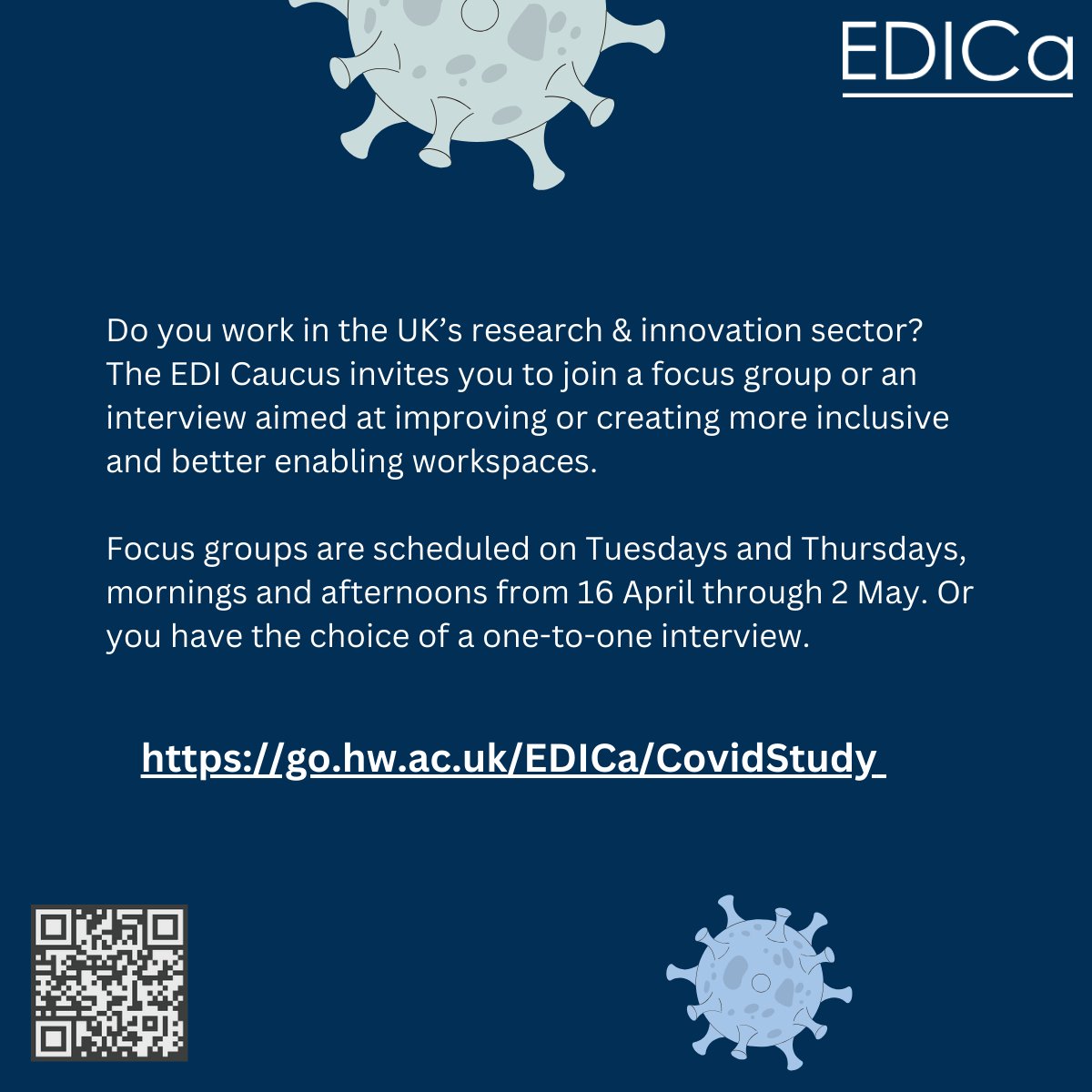 CALL FOR PARTICIPANTS - pls share What does a more inclusive, enabling workspace look like in a post-Covid research & innovation sector? EDICa invites anyone working in UK's sector to participate in focus groups or interviews. For info & sign up edicaucus.ac.uk/covid-study/