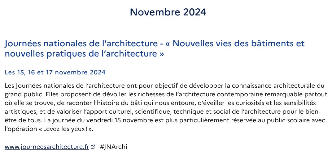[SAVE THE DATE]

🗣Les Journées Nationales de l'Architecture 2024 auront lieu les 15-16-17 novembre !🎉

➡️+ d'info sur le calendrier du Ministère de la Culture
culture.gouv.fr/Nous-connaitre…

et prochainement sur le site officiel des #JNArchi :
journeesarchitecture.culture.gouv.fr