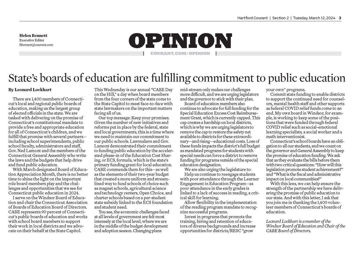 ICYMI: Take a moment to read this insightful op-ed by CABE's President Leonard Lockhart, Windsor BOE. @Sigma25ERD Read Here: ow.ly/neUW50QTirH *Reprinted with permission of the Hartford Currant