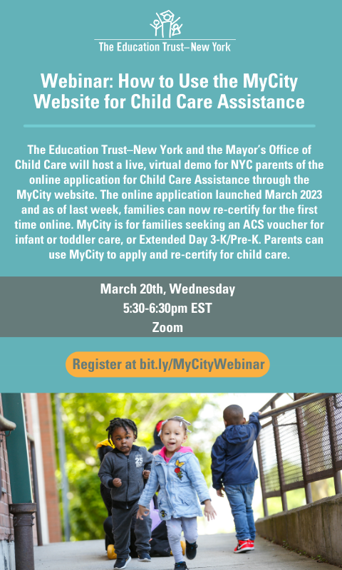 NYC parents of young children, join us next Wednesday evening to learn how to use MyCity website to apply for child care!