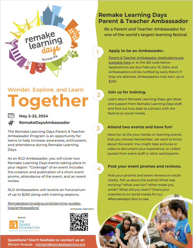 enginecentralpa's tweet photo. 👀 #RemakeLearningDays Parent &amp; Teacher Ambassador Program empowers teens to boost awareness &amp; attendance during Remake Learning Days.🌟 RLD Ambassadors create event promos, attend 2 events, &amp; share reviews. Plus, receive up to $250 honorarium! Apply now! >https://t.co/AyscGKtis8 https://t.co/V1VsIFQSh1
