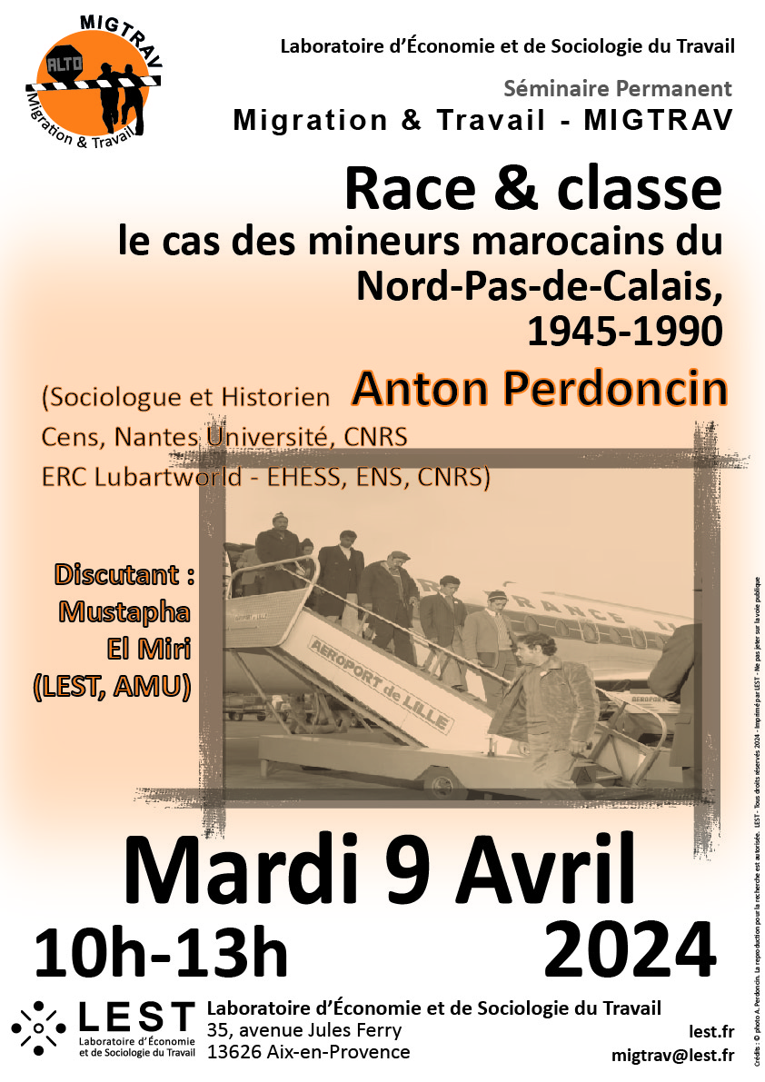 📅 9 avril. Séminaire #MigTrav - #Migration & #Travail au @LEST_UMR7317 : #Race & #classe, le cas des #mineurs #marocains du Nord-Pas-de-Calais, 1945-1990, avec @AntonPerdoncin @Lubartworld Project @CENS_Nantes @CNRS. Plus d'infos 👇 lest.fr/fr/activites-s…