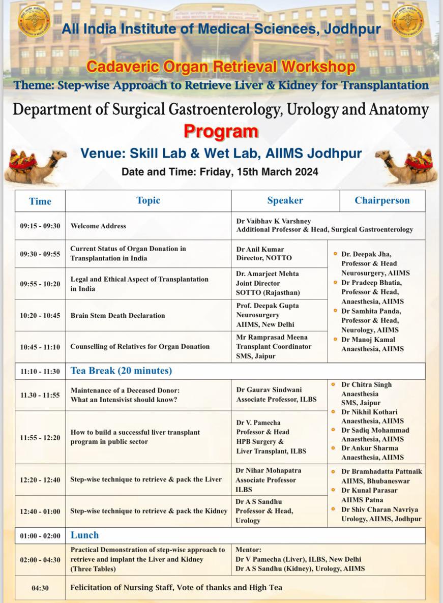 Organ retrieval workshop at AIIMS Jodhpur on occasion of #WorldKidneyDay2024 being organised by Department of Anatomy, Surgical Gastroenterology and Urology.

This will go a long way in enhancing cadaveric organ retrieval and transplant in our region. <a href="/mansukhmandviya/">Dr Mansukh Mandaviya</a>