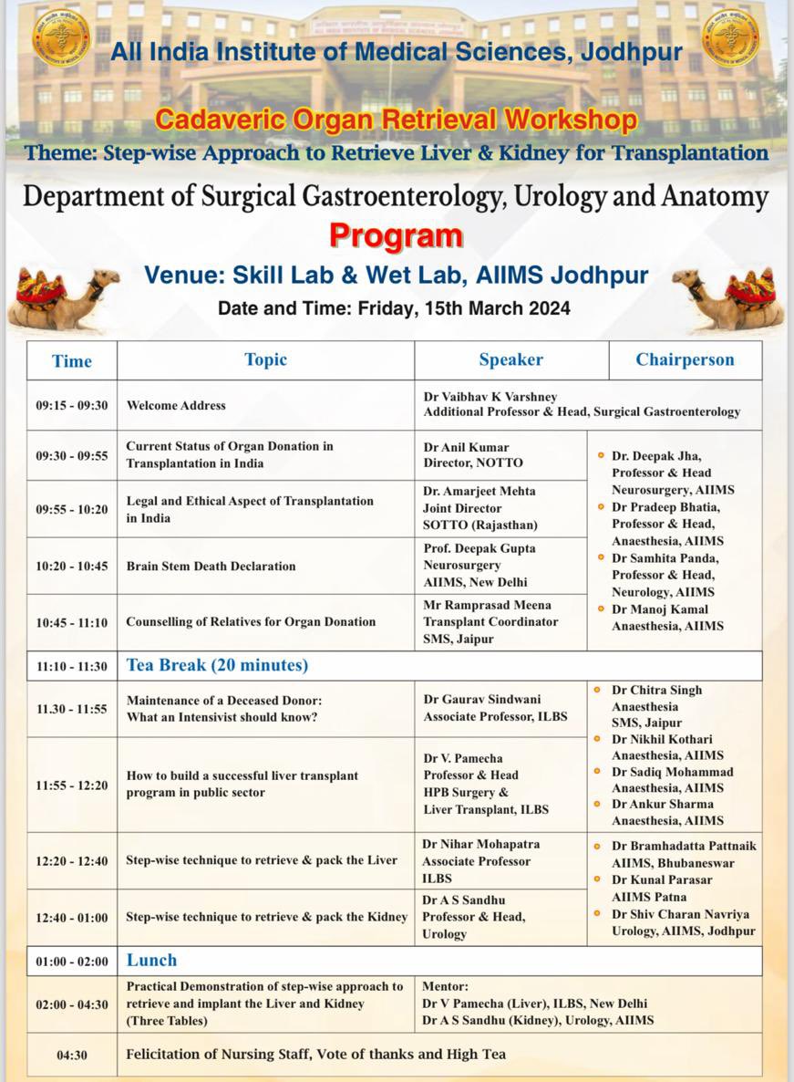 Organ retrieval workshop at AIIMS Jodhpur on occasion of #WorldKidneyDay2024 being organised by Department of Anatomy, Surgical Gastroenterology and Urology. This will go a long way in enhancing cadaveric organ retrieval and transplant in our region. @mansukhmandviya…