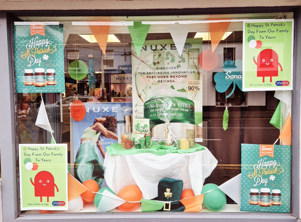 Window display is all ready for the #StPatricksDay2024 parade in Carrigaline!