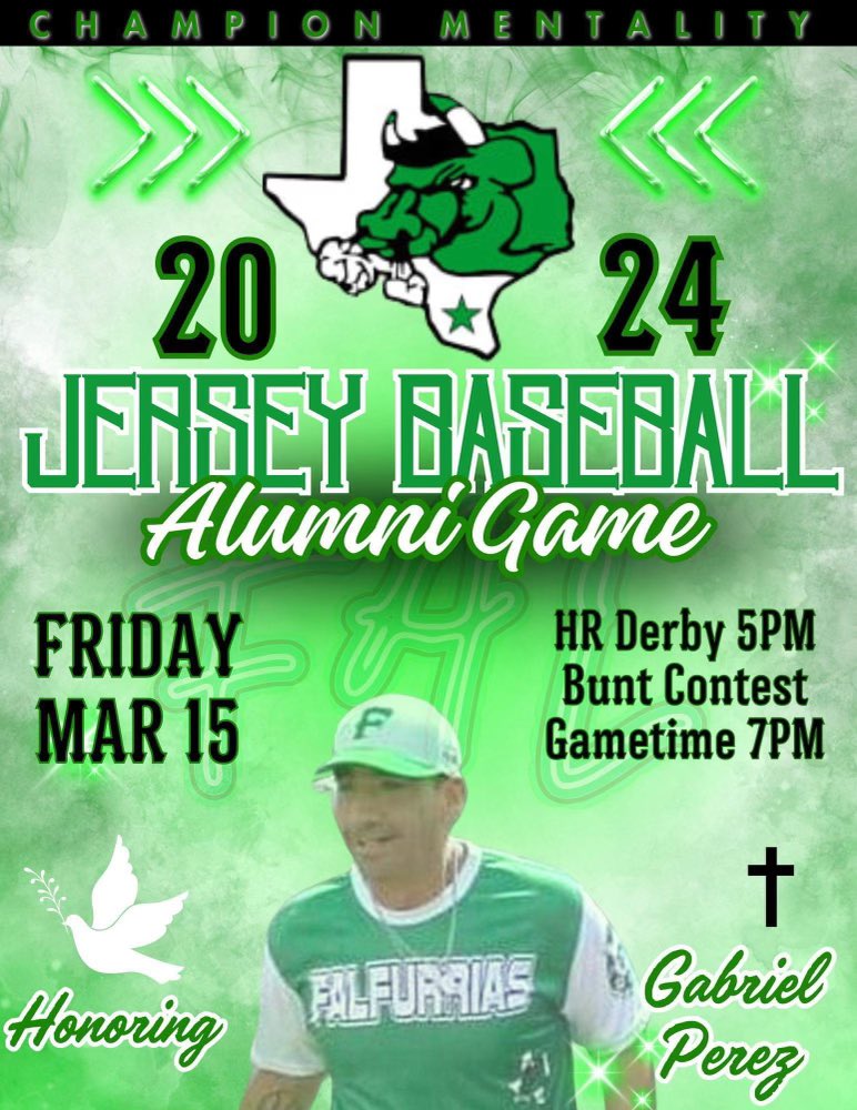Calling all Jersey Baseball Alumni. We will be hosting our annual Alumni Game March 15, 2024. Honoring our beloved Coach Gabriel “Gabe” Perez. 
#Jerseys4Life #FaithFamilyFundamentals #JerseyPride