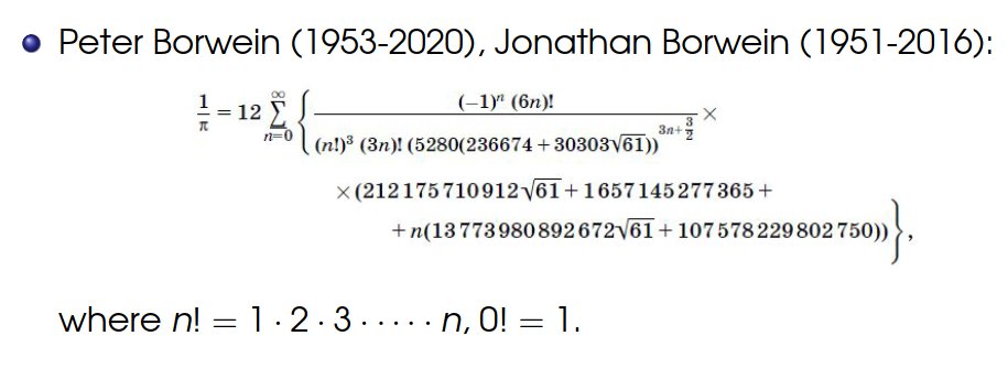 In case you missed our last monthly event: here, from one of professor Smirnov's slides, is a formula for pi developed by two mathematicians who worked at Dalhousie at one point. Fairly obvious, right?