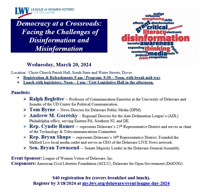 League Day in Dover is less than a week away! Who's excited?? There's still time to register. Register by 3/18 here: my.lwv.org/delaware/event… Disinformation is such an important, timely topic. How can we as American media consumers know what's true anymore? #LWV #LeagueDay2024