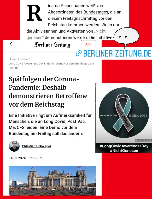 Am Internationalen #LongCovidAwarenessDay , sind wir von #NichtGenesen das 3. Mal für euch vor dem Bundestag. Kommt vorbei und unterstützt uns.
berliner-zeitung.de/gesundheit-oek…
<a href="/berlinerzeitung/">Berliner Zeitung</a> <a href="/BMBF_Bund/">By Ethical Hacker</a> <a href="/starkwatzinger/">Bettina Stark-Watzinger</a>