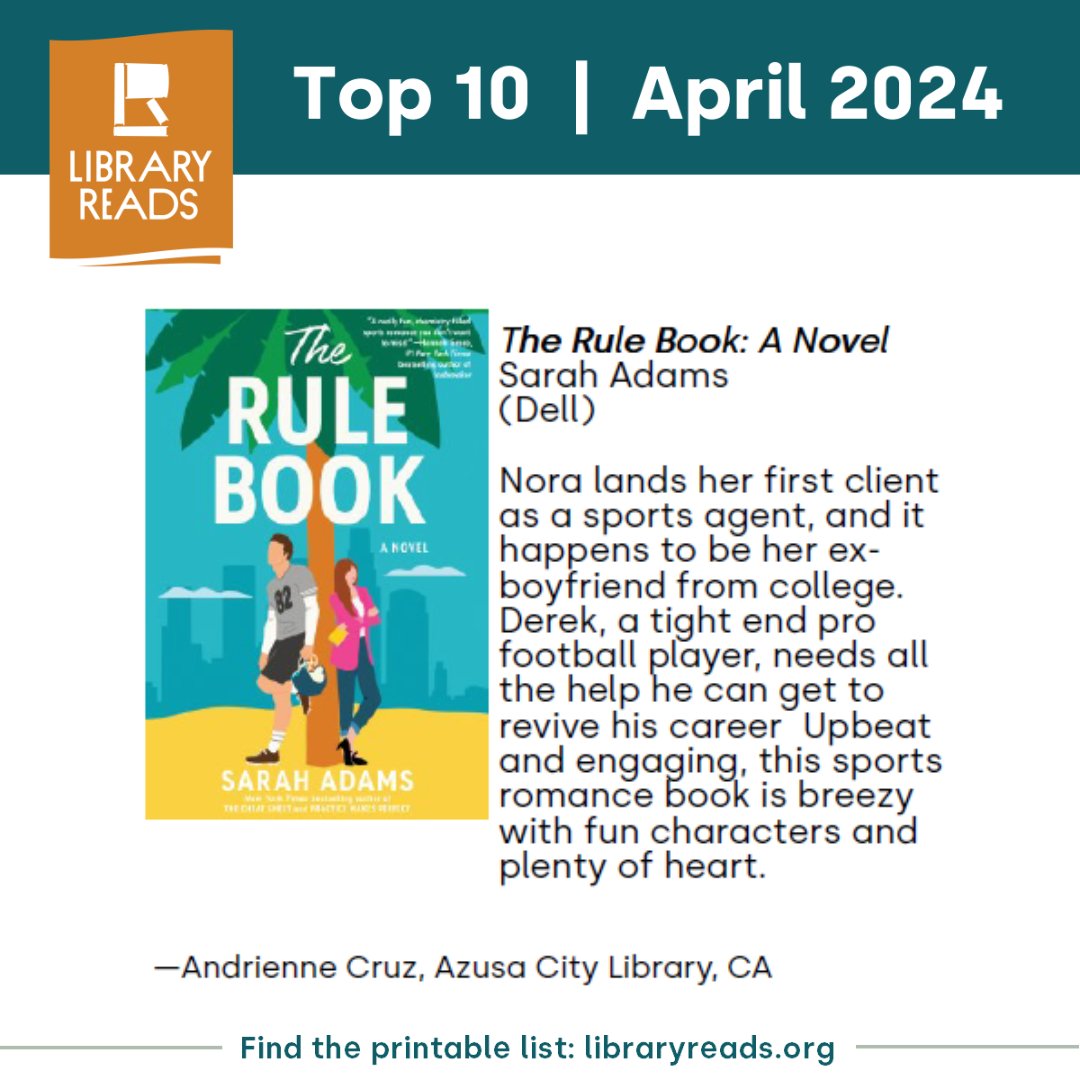 Next on the April 2024 LibraryReads list is THE RULE BOOK by Sarah Adams! @PRHLibrary