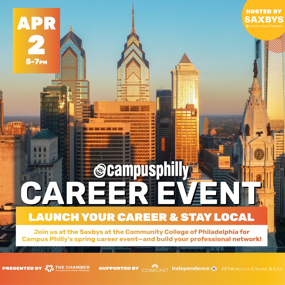 We are less than 3 weeks away from #CampusPhilly's spring career event, happening on 4/2 at @Saxbys on @CCPedu's campus! College students & recent grads are invited to network with 25+ Philly companies—plus win PRIZES. 🥳 View the full list + register: bit.ly/3P3qBvE