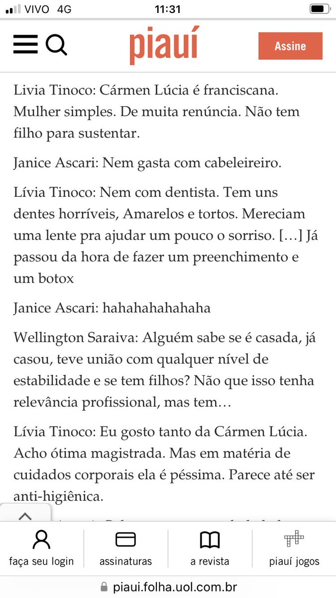 monicabergamo's tweet image. Essas são as palavras que as procuradoras Janice Ascari e Livia Tinoco, da Lava Jato, usavam para falar da ministra Carmen Lúcia: “dentes horríveis”, “passou da hora do Botox”, “é casada? Tem filhos?” “Hahaha”. Na Piauí: 👇🏻👇🏻👇🏻