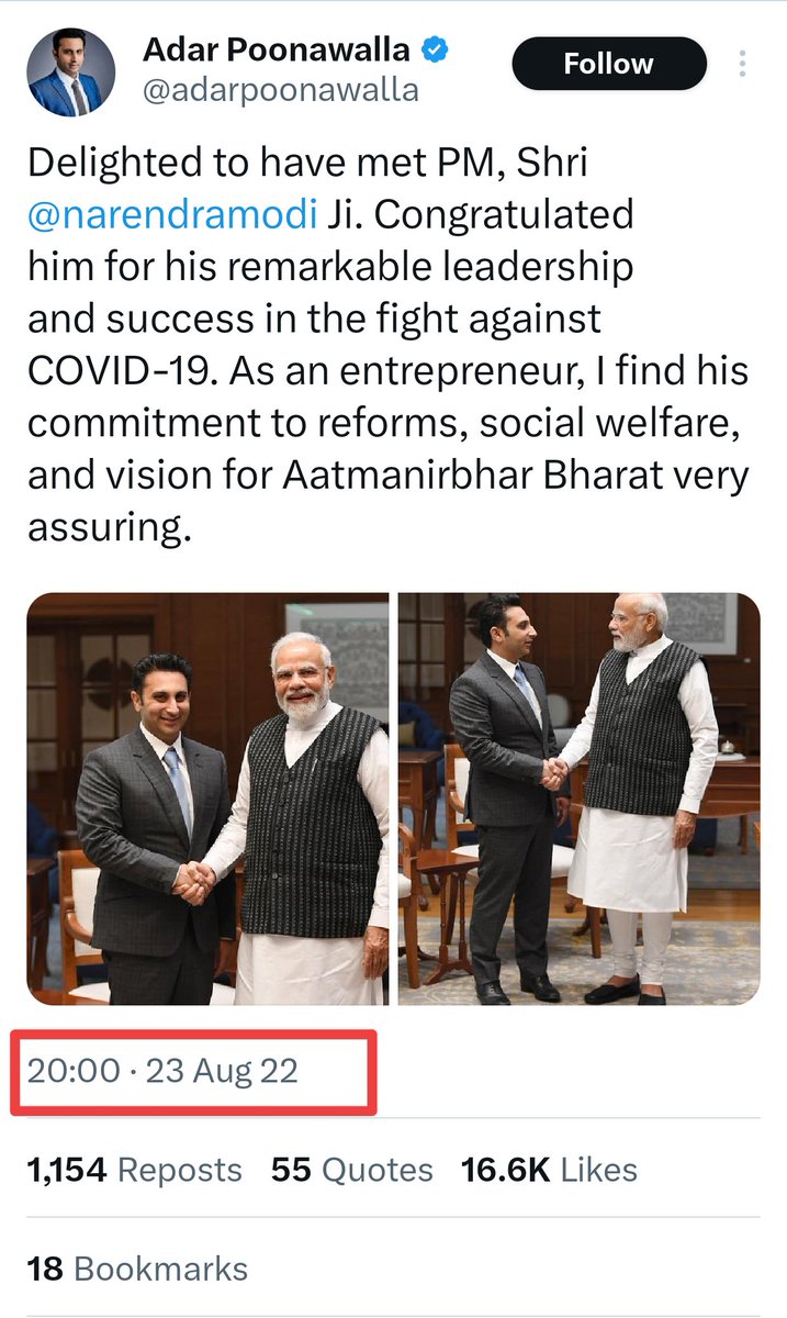 Payment of ₹50 Cr successfully transferred to BJP by 18 August, 2022. 

Meets and praises PM Modi for COVID management and Atmanirbhar Bharat on 23rd Aug 2022. 😄