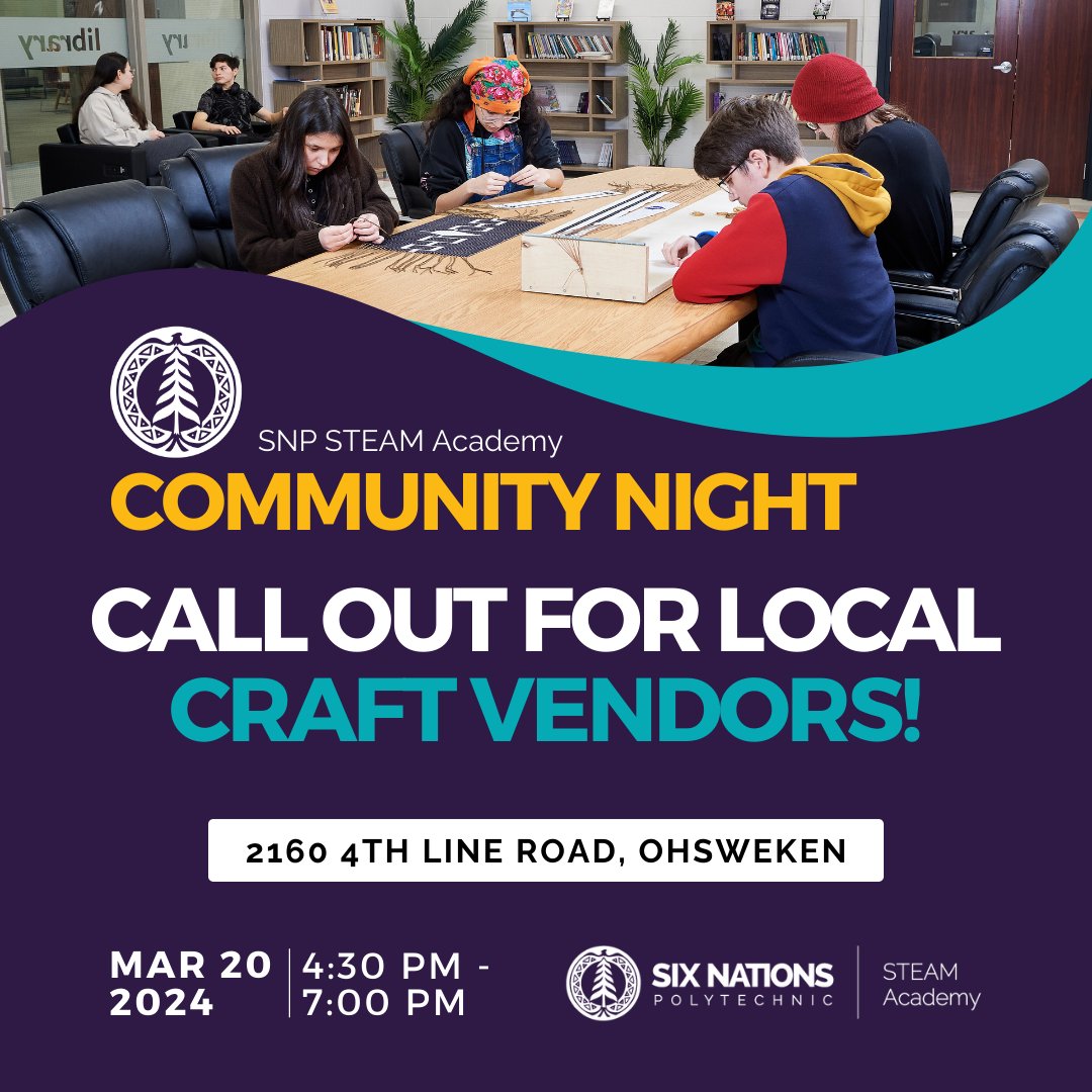 Want to be a part of the STEAM Academy Community Night? We're looking for small businesses to be a vendor on March 20th from 4:30pm-7:00pm at the Ohsweken Campus. Vendor space is free! 

If you're interested, please send an email to Katrina at katrina.cattrysse@snpolytechnic.com.