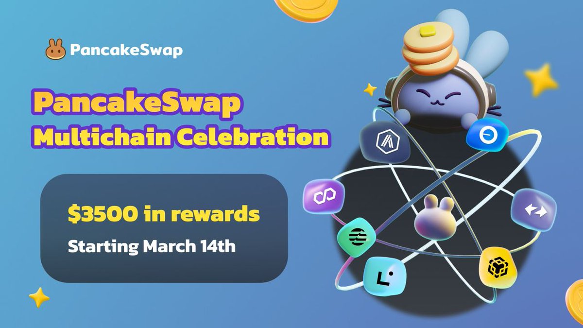 🥞 PancakeSwap Multichain Celebration! From BNB Chain to Ethereum, we've made ourselves home on nine blockchains. 🏠 This campaign is our way of saying thanks for sticking with us! 🙌 We'll be releasing different blockchain weeks for you to complete the tasks and participate…