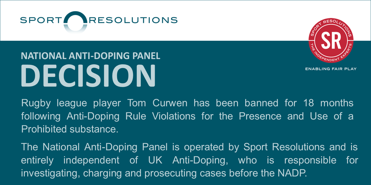 A decision in the case of @ukantidoping against Tom Curwen has been issued by the National Anti-Doping Panel. The rugby league player has been banned for 18 months following ADRVs for the Presence and Use of Prohibited substance > shorturl.at/gyELO