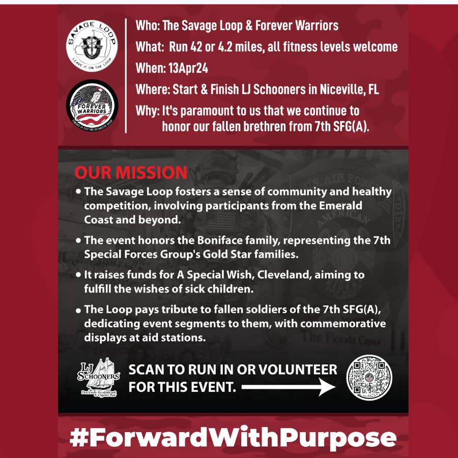 Join us for the ultimate test of endurance and compassion. The Savage Loop Ultra Marathon takes place on April 13th at LJ Schooners in Niceville, FL! 🏃‍♂️🏅
See you there!

#ForeverWarriors #militarylife

forever-warriors.org