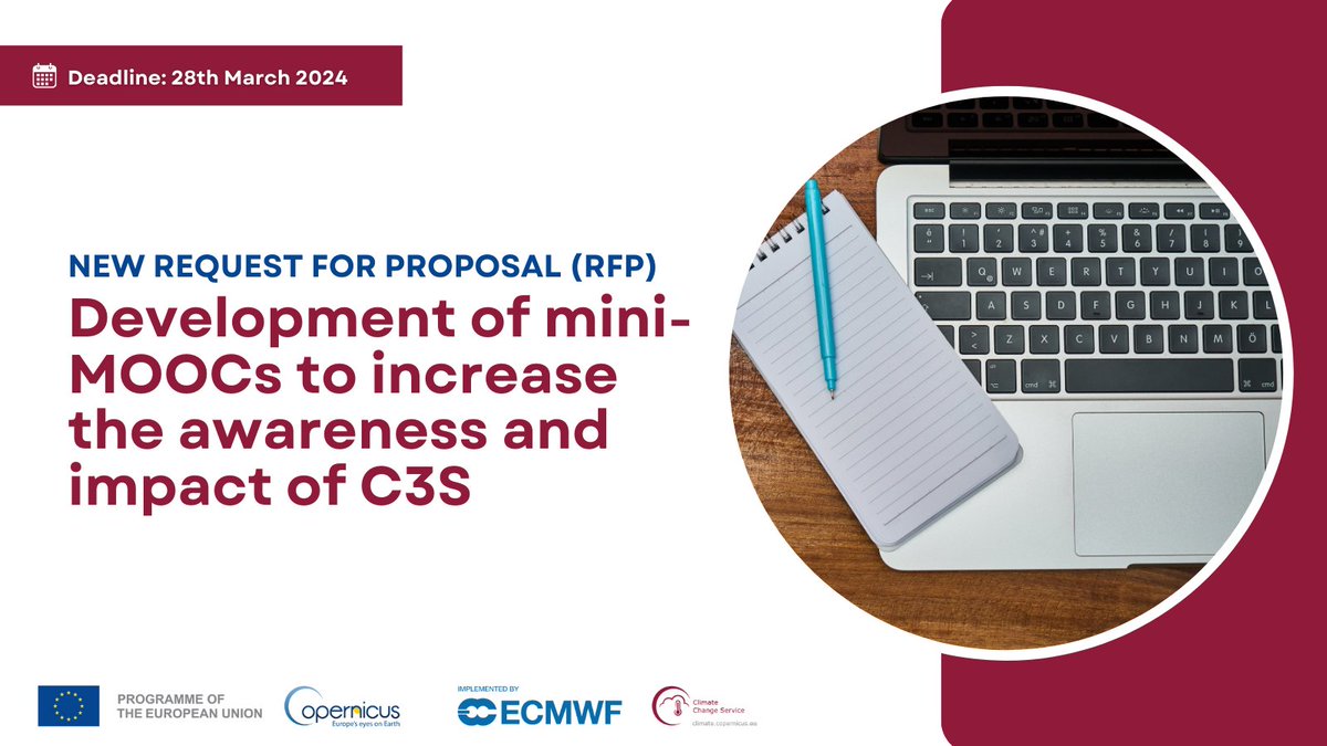 🚨 You're still on time to apply 👇  #C3S is looking for proposals to enhance its training portfolio by offering a number of mini-MOOCs. The aim is to reach out to a wider and more general audience and increase the awareness and impact of C3S. ▶️ climate.copernicus.eu/cjs2156c-devel…