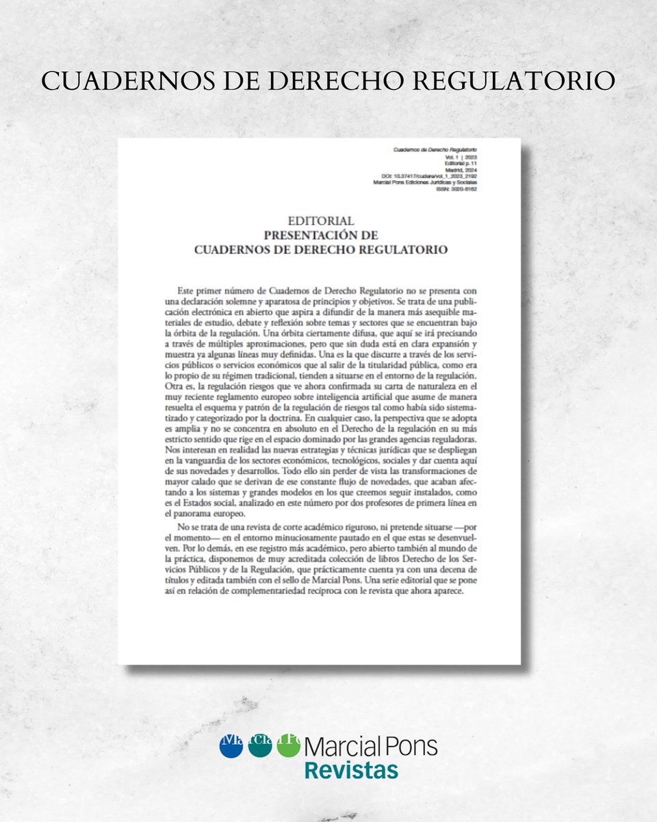 Este semana la novedad editorial Cuadernos de Derecho Regulatorio, la nueva publicación electrónica abierta, #gratuita y de carácter anual, de la plataforma Revistas Marcial Pons.
Puede acceder a la publicación en: revistasmarcialpons.es/cuadernosdeder…
