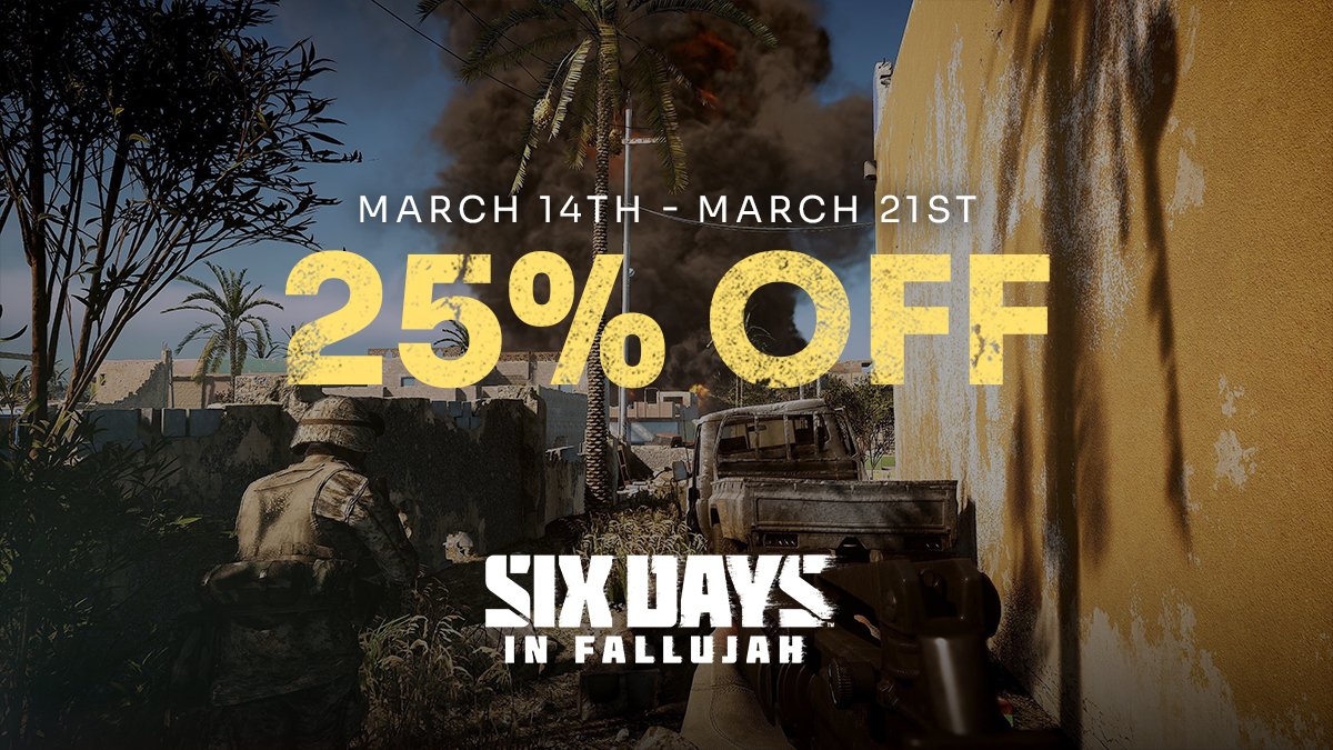 Six Days in Fallujah is now 25% off during the #SteamSpringSale! Dive into our newest combat reworks introduced with our Aiming and Shooting Quality Update. bit.ly/3r9Mvob