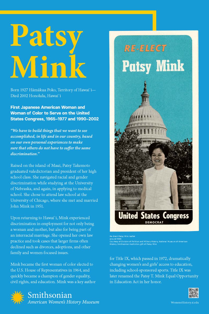 .. Patsy A. Mink Equal Opportunity in Education Act. 'We have to build things that we want to see accomplished…to make sure that others do not have to suffer the same discrimination.” – Patsy Mink @SIAmericanWomen #WHM2024