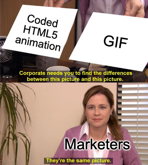 HTML5 animations ≠ GIFs! 🙅‍♂️💻🔄

Many believe we can export HTML5 animations as GIFs, but that's just not the case!

Dive deeper into the differences 👉 thebannermen.com/gifs-vs-html5/

Expand your animation knowledge! 💡
#HTML5 #GIFs #animation