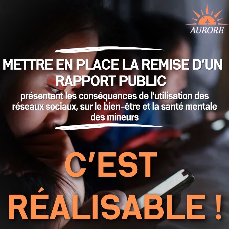 🔴 Mettre en place la remise d’un rapport public présentant les conséquences de l’utilisation des réseaux sociaux, sur le bien-être et la santé mentale des mineurs.. 

C’EST RÉALISABLE !

#PrixBadinterPE
<a href="/ParlementEtudia/">Le Parlement des Etudiants</a>