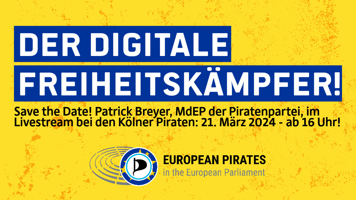 PiratenKoeln's tweet photo. Der Digitale Freiheitskämpfer!

Live bei den Kölner Piraten: Unser Europaabgeordneter Patrick Breyer, MdEP der #Piraten Deutschland!

Am Donnerstag, den 21. März 2024, um 16:00 Uhr auf Big Blue Button.

Der Link zum Stream: https://t.co/RCyLrcNj3a

#Europaparlament #PatrickBreyer https://t.co/nTuXTm1T1Z