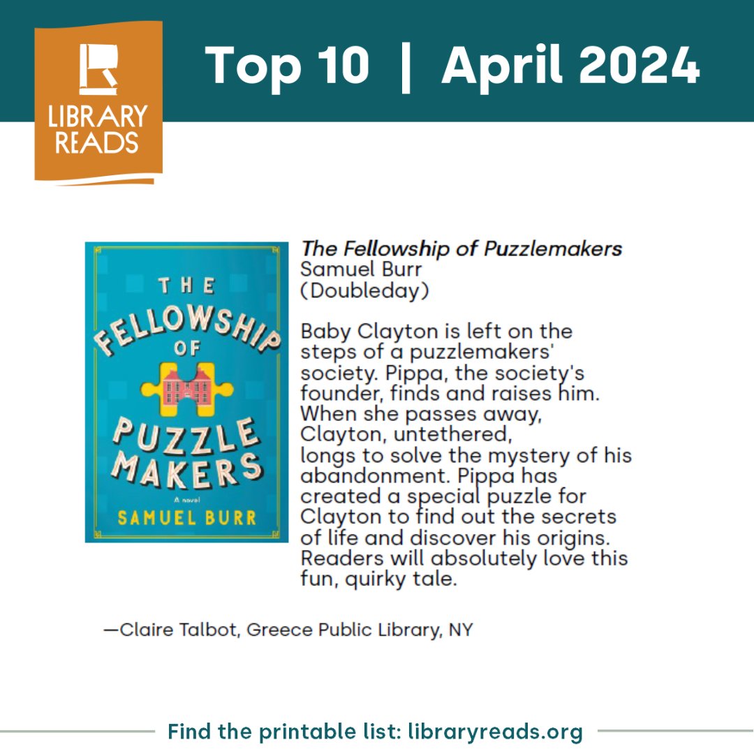Next on the April 2024 LibraryReads list is THE FELLOWSHIP OF PUZZLEMAKERS by @samuelburr! @PRHLibrary