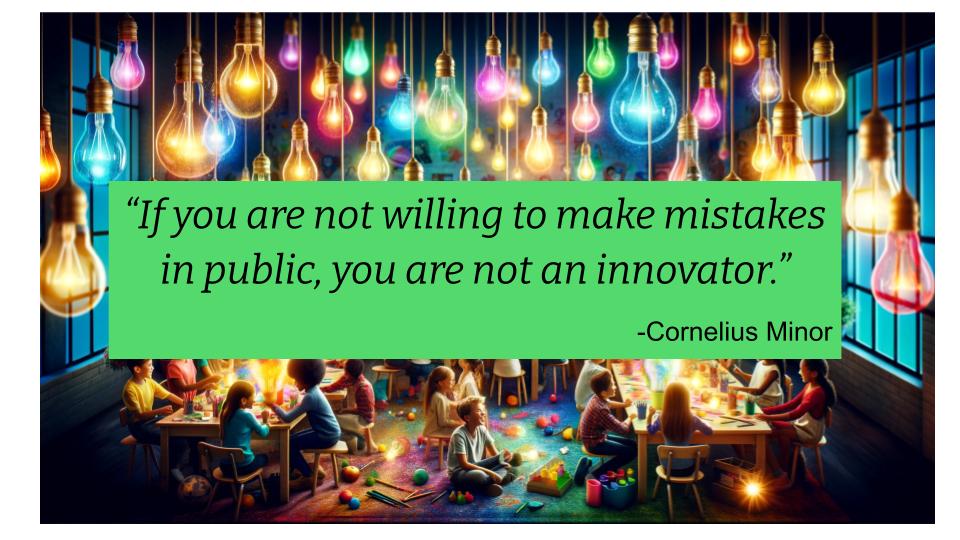 Michelle Wagner (@wagnerlearning) on Twitter photo "If you are not willing to make mistakes in public, you are not an innovator." <a href="/MisterMinor/">Cornelius Minor</a> #MACUL24 "If you are not willing to make mistakes in public, you are not an innovator." <a href="/MisterMinor/">Cornelius Minor</a> #MACUL24