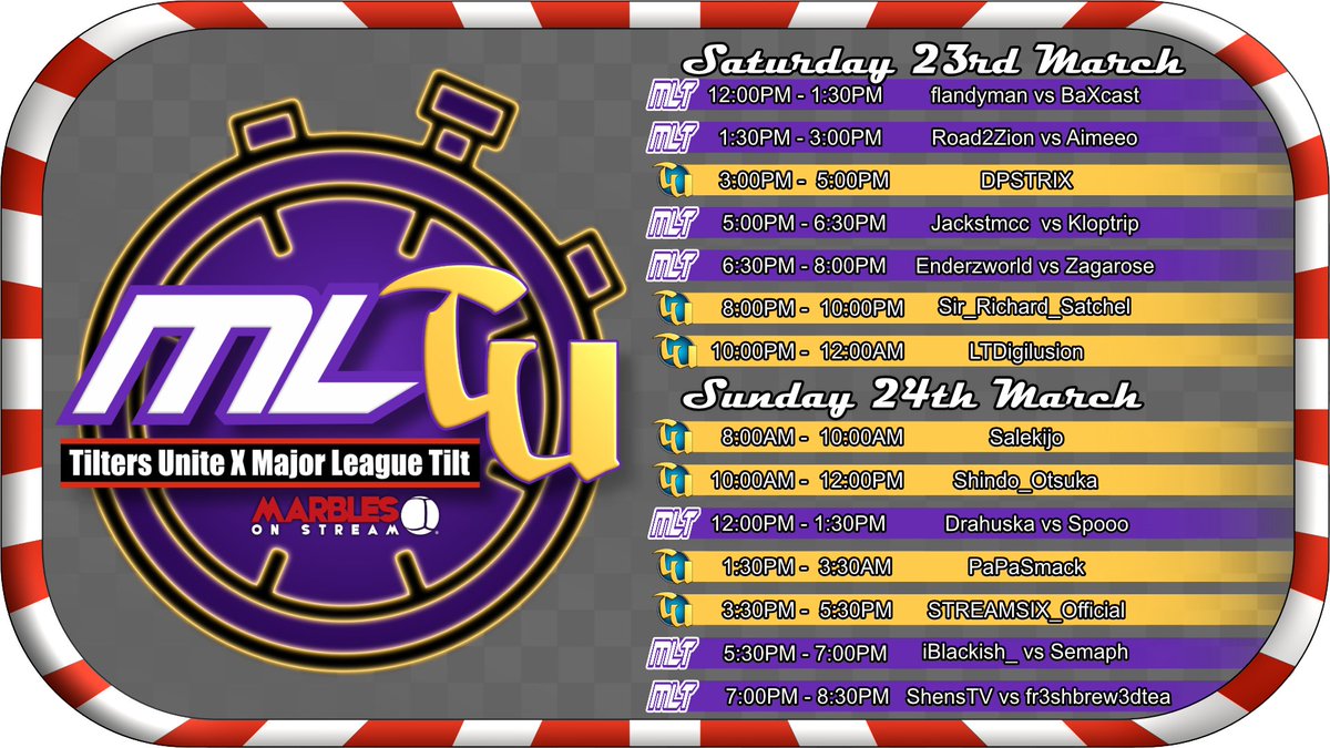 Tilters Unite (@tiltersunite) on Twitter photo MLTU is coming!
Join the wonderful folks at <a href="/MajorLeagueTilt/">Major League Tilt</a> and us here at TU for a weekend of amazing tilting action! You wouldn't want to miss this one!
<a href="/FlandyOfficial/">Flandyman</a> @baXcast <a href="/Road2Zion_/">Road2Zion_</a> <a href="/aimeeo/">Aimee Orr</a> <a href="/DPSTRIX/">DPSTRIX</a> <a href="/Jackstmc/">Jack</a> <a href="/kloptrip/">Kloptrip on Twitch</a> <a href="/Enderzworld/">Enderz</a> <a href="/Zagarose1/">Zagarose</a> <a href="/SirRichardSatch/">Sir Richard Satchel</a> MLTU is coming!
Join the wonderful folks at <a href="/MajorLeagueTilt/">Major League Tilt</a> and us here at TU for a weekend of amazing tilting action! You wouldn't want to miss this one!
<a href="/FlandyOfficial/">Flandyman</a> @baXcast <a href="/Road2Zion_/">Road2Zion_</a> <a href="/aimeeo/">Aimee Orr</a> <a href="/DPSTRIX/">DPSTRIX</a> <a href="/Jackstmc/">Jack</a> <a href="/kloptrip/">Kloptrip on Twitch</a> <a href="/Enderzworld/">Enderz</a> <a href="/Zagarose1/">Zagarose</a> <a href="/SirRichardSatch/">Sir Richard Satchel</a>