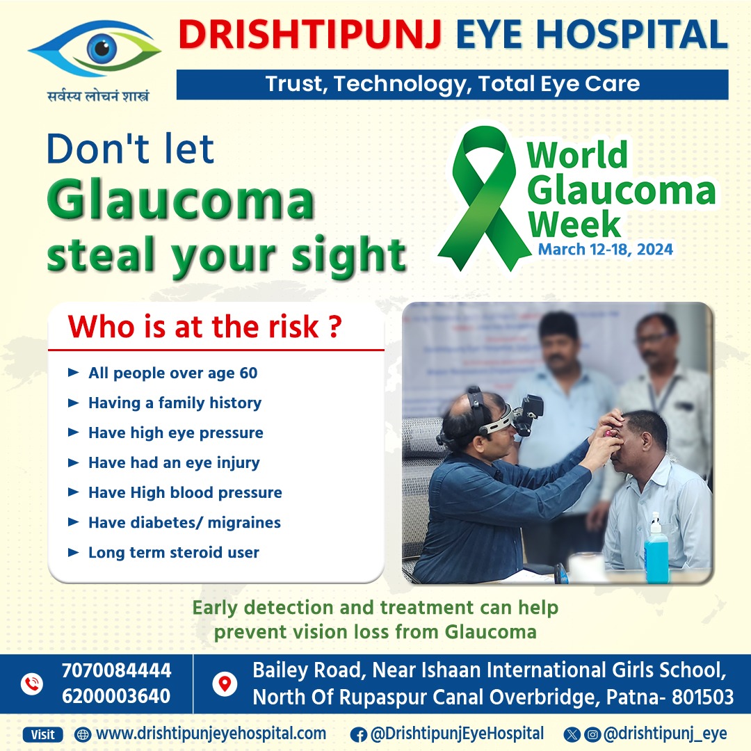 #WorldGlaucomaWeek #WGW2024

#Glaucoma is the second most common cause of blindness worldwide.

Visit your eye doctor regularly for early  detection and treatment of Glaucoma before you suffer from long-term vision👁️ loss.

Call 📞 7070084444 / 6200003640

#Drishtipunj
