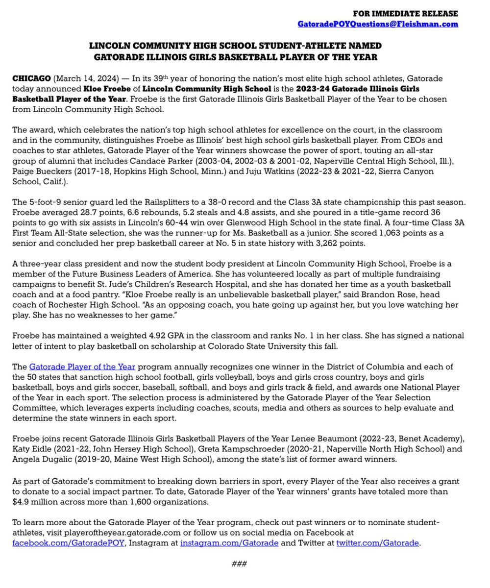 Congratulations to Lincoln senior Kloe Froebe for being named the Illinois Gatorade Player of the Year

playeroftheyear.gatorade.com/poy/assets/wri…