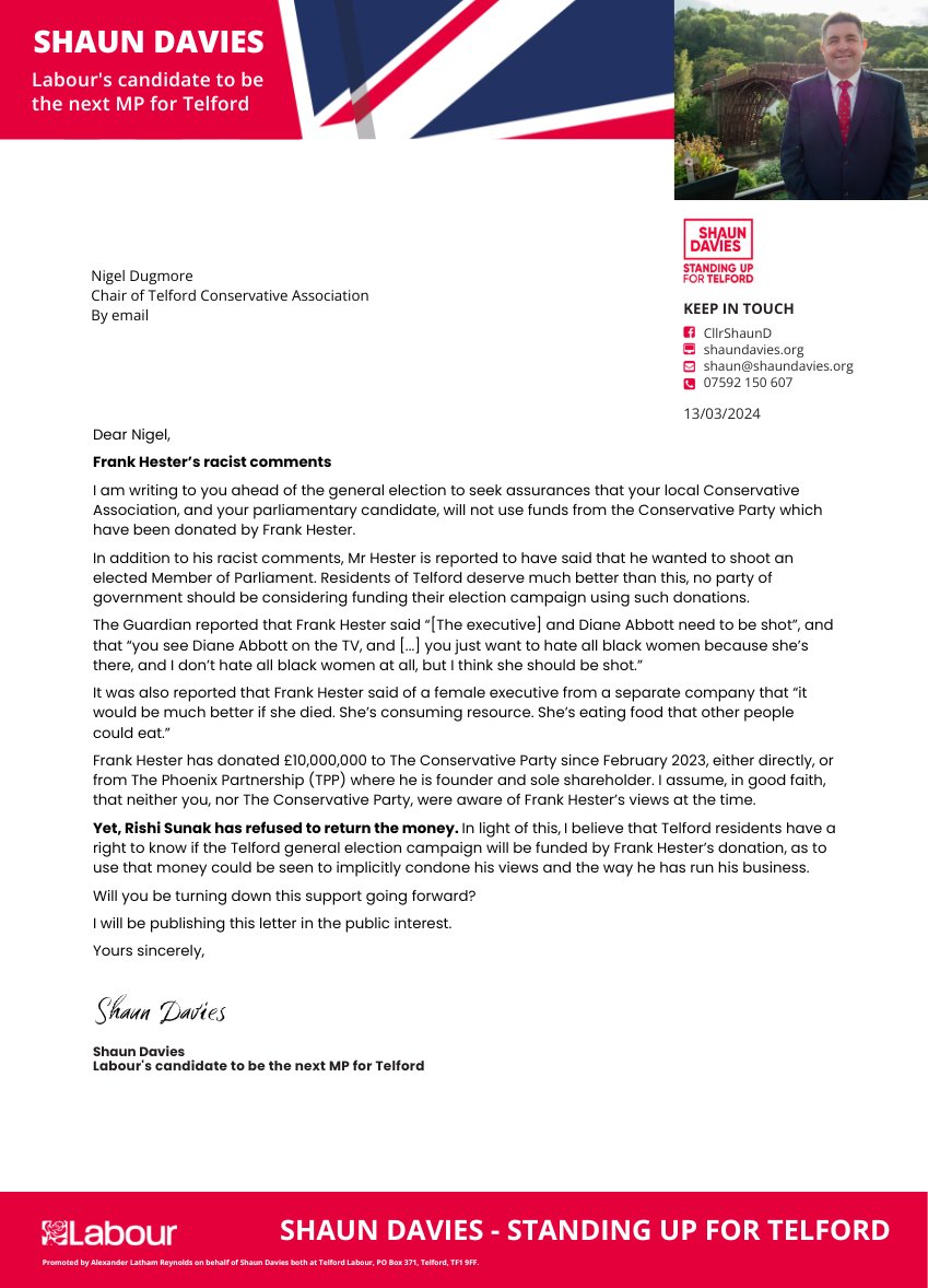 @CllrShaunDavies, Labour's candidate to be the next MP for Telford, has written to Telford Conservative Association to ask whether their general election campaign will be funded by Conservative donor Frank Hester.