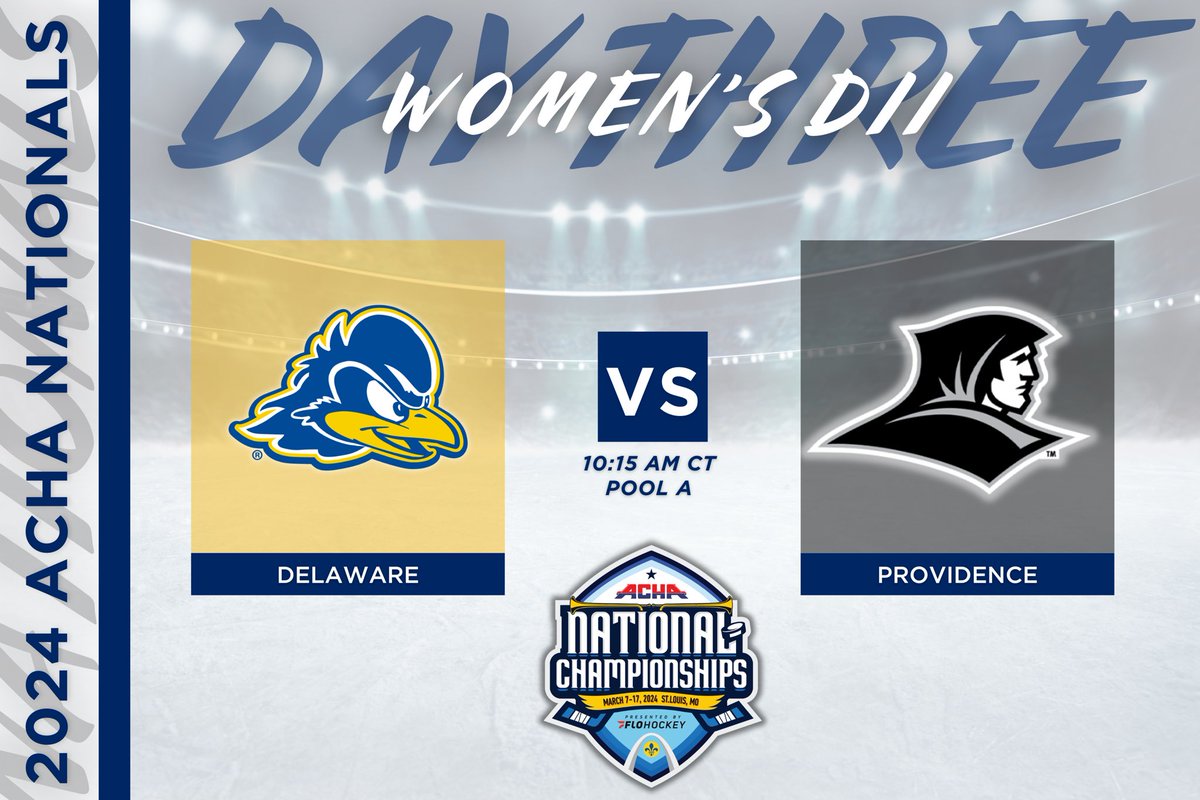 ACHAWomensD2's tweet image. 𝗣𝗢𝗢𝗟 𝗣𝗟𝗔𝗬 𝗚𝗔𝗠𝗘
🏒 Delaware (away) vs. Providence (home)
⏰ Time 10:15 AM CT
📍 Plager Rink
🎥 flohockey.tv/events/1225333… @FloHockey 
#ACHANationals #ACHAW2