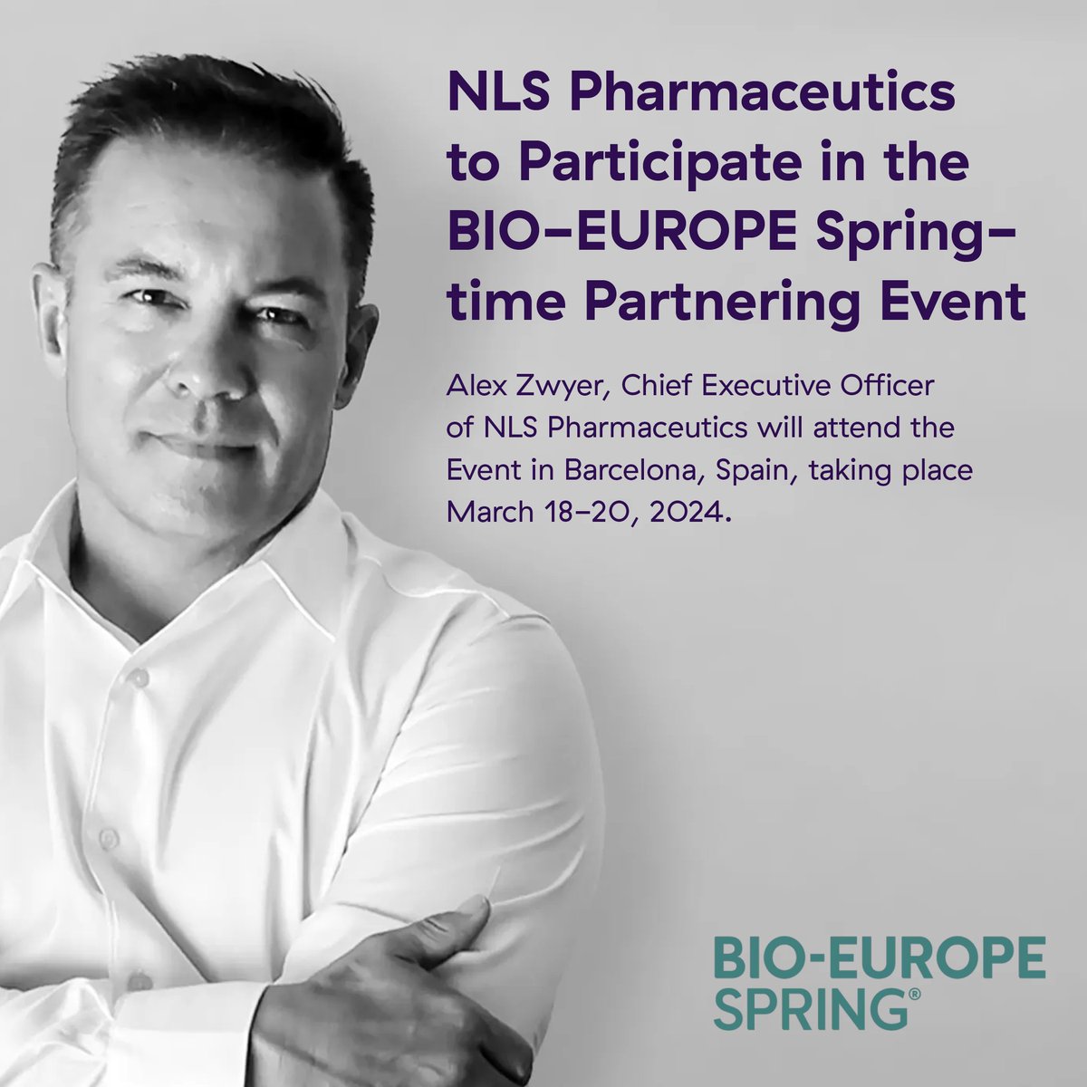 Exciting news! Our CEO, Alex Zwyer, will be at BIO-EUROPE Springtime Partnering Event in Barcelona, Spain, March 18-20. It's a prime networking opportunity. For meetings, reach out to im@nls-pharma.com. Details: rb.gy/wvv9bh #BIOEurope $NLSP