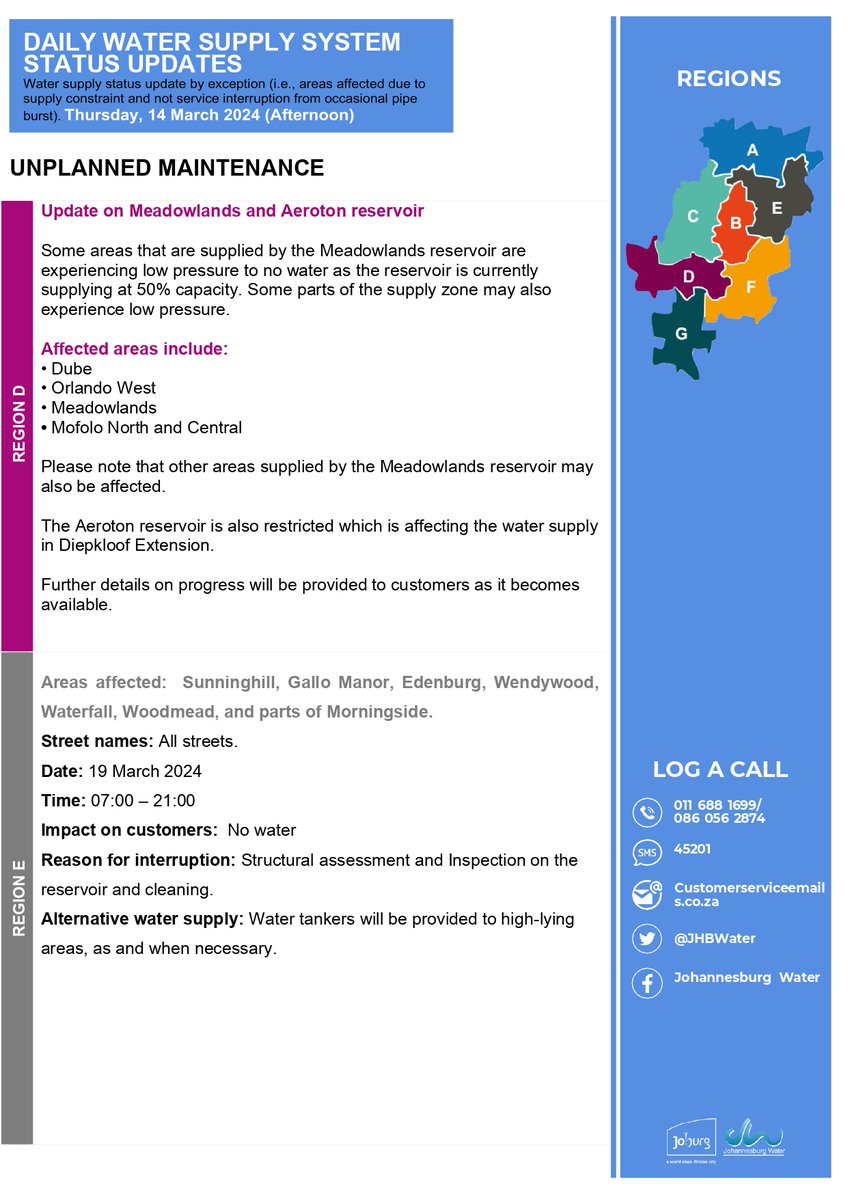JHBWater's tweet photo. Daily water supply system status updates: Thursday, 14 March 2024 (Afternoon) ^N https://t.co/c9MrnjEoSx
