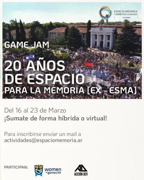 📣 Desde el @espacio_memoria, junto con @womeningamesAR  y @AccionDev  anunciamos la Game Jam '20 años de Espacio para la memoria [Ex - ESMA]” +
