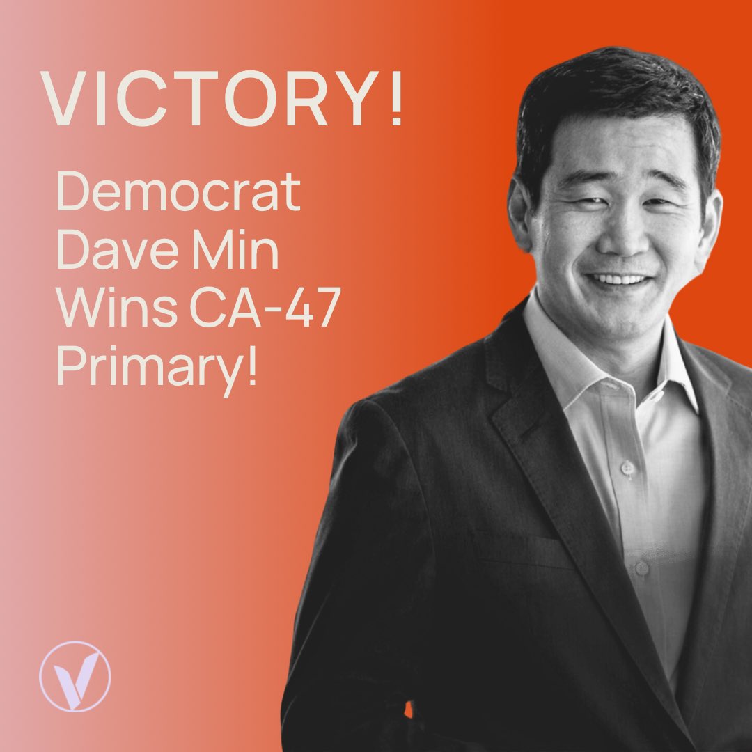 We are thrilled that our endorsed candidate @davemin_ca won his primary election and will be advancing to the general election in California’s 47th District. Let’s do everything we can to elect Dave Min this November.