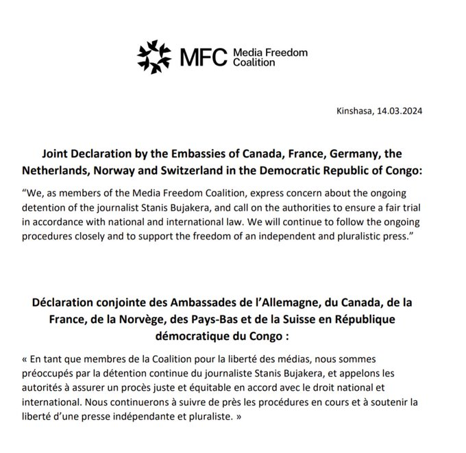Déclaration conjointe des ambassades de l’Allemagne, du Canada, de la France, de la Norvège, des Pays-Bas et de la Suisse en République Démocratique du Congo :