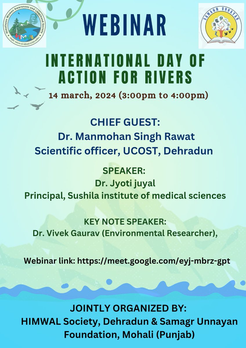 SamagrUnnayan1's tweet photo. In association with @HIMWAL_Society conducted a webinar on International Day of Action for Rivers. Thanks to Chief Guest  Dr. Manmohan Singh Rawat sir from UCOST Dehradun &amp; speakers  @drvkgaurav and Dr. Jyoti Jual Ma'am principal Sushila Institute of Medical Sciences. #savewater https://t.co/O5baNtEjAb