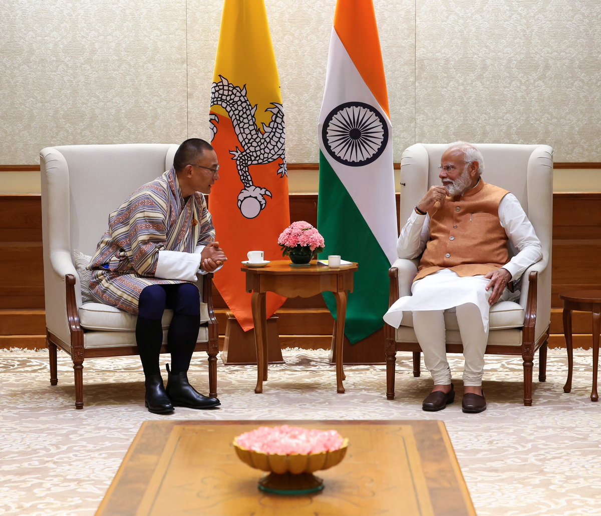 Glad to meet my friend and PM of Bhutan @tsheringtobgay on his first overseas visit in this term. Had productive discussions encompassing various aspects of our unique and special partnership. I convey heartfelt thanks to His Majesty the King of Bhutan and @PMBhutan for inviting